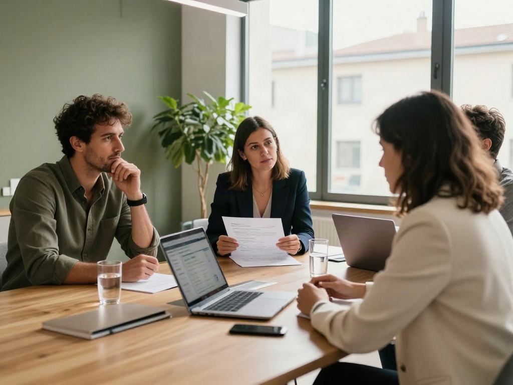 Consultants discussing business strategy around a table in a light-filled office